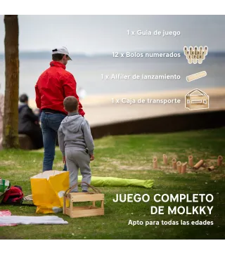 Juego de Bolos Finlandeses de Madera con 12 Bolos 1 Palo y Caja de Transporte para Adultos Jardín Natural