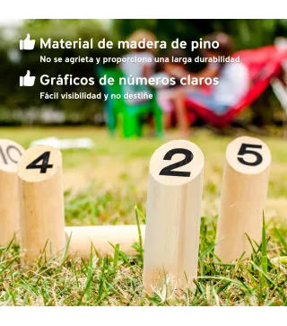 Juego de Bolos Finlandeses de Madera con 12 Bolos 1 Palo y Caja de Transporte para Adultos Jardín Natural