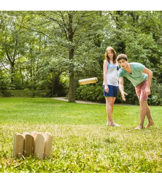 Juego de Bolos Finlandeses de Madera con 12 Bolos 1 Palo y Caja de Transporte para Adultos Jardín Natural
