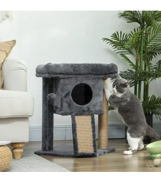 Árbol Rascador para Gatos Pequeños 57 cm con Rampa para Rascar Cueva Cama y Bola Colgante 40x40x57 cm Gris Oscuro