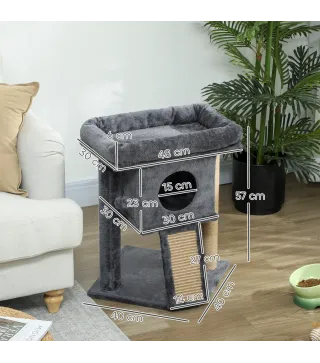 Árbol Rascador para Gatos Pequeños 57 cm con Rampa para Rascar Cueva Cama y Bola Colgante 40x40x57 cm Gris Oscuro