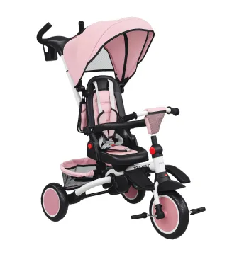 Triciclo Evolutivo 6 en 1 Plegable Asiento Giratorio de 360° Mango Parental Respaldo Reclinable Toldo Rosa