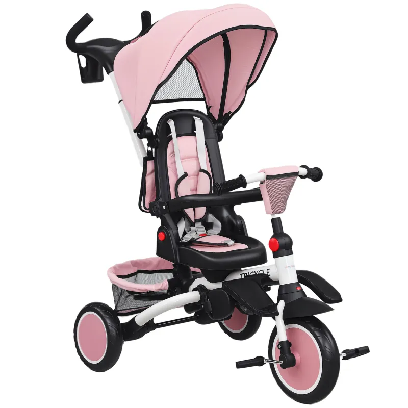 Triciclo Evolutivo 6 en 1 Plegable Asiento Giratorio de 360° Mango Parental Respaldo Reclinable Toldo Rosa