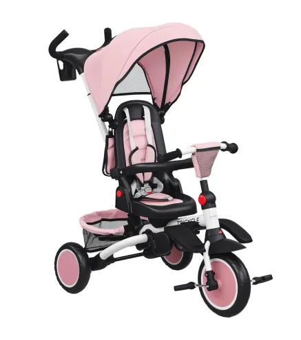 Triciclo Evolutivo 6 en 1 Plegable Asiento Giratorio de 360° Mango Parental Respaldo Reclinable Toldo Rosa