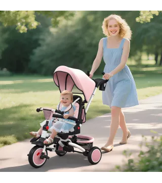 Triciclo Evolutivo 6 en 1 Plegable Asiento Giratorio de 360° Mango Parental Respaldo Reclinable Toldo Rosa