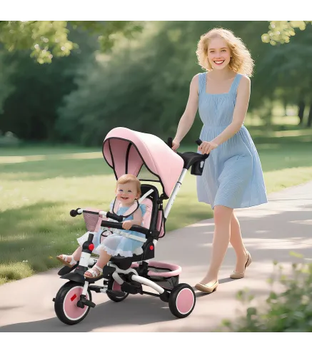 Triciclo Evolutivo 6 en 1 Plegable Asiento Giratorio de 360° Mango Parental Respaldo Reclinable Toldo Rosa