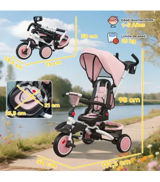 Triciclo Evolutivo 6 en 1 Plegable Asiento Giratorio de 360° Mango Parental Respaldo Reclinable Toldo Rosa