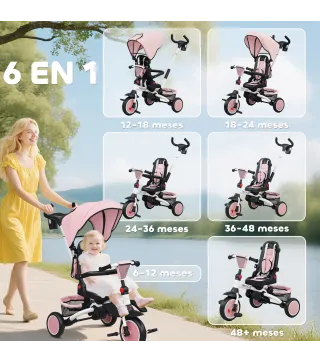 Triciclo Evolutivo 6 en 1 Plegable Asiento Giratorio de 360° Mango Parental Respaldo Reclinable Toldo Rosa