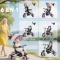 Triciclo Evolutivo 6 en 1 Plegable Asiento Giratorio de 360° Mango Parental Respaldo Reclinable Toldo Rosa
