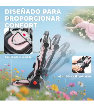 Triciclo Evolutivo 6 en 1 Plegable Asiento Giratorio de 360° Mango Parental Respaldo Reclinable Toldo Rosa