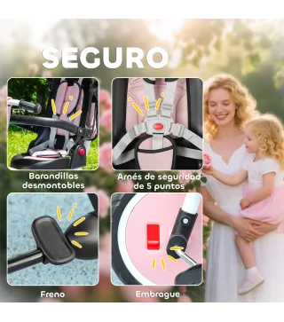 Triciclo Evolutivo 6 en 1 Plegable Asiento Giratorio de 360° Mango Parental Respaldo Reclinable Toldo Rosa