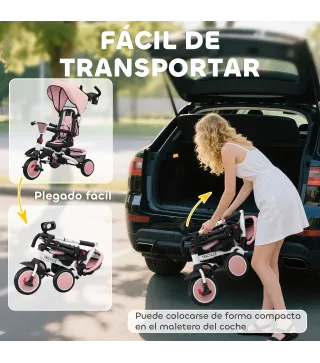 Triciclo Evolutivo 6 en 1 Plegable Asiento Giratorio de 360° Mango Parental Respaldo Reclinable Toldo Rosa