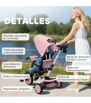 Triciclo Evolutivo 6 en 1 Plegable Asiento Giratorio de 360° Mango Parental Respaldo Reclinable Toldo Rosa