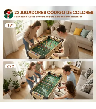 Futbolín de Mesa de 92 cm con 22 Jugadores 2 Pelotas Marcadores Manuales Mangos Antideslizantes Madera Natural