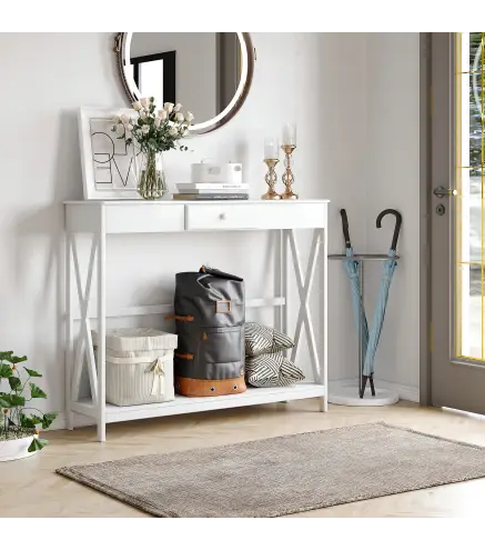 Mesa de Consola de Madera Mesa de Entrada con 1 Cajón y 1 Estante de Almacenaje para Pasillo Salón 100x30x81cm Blanco