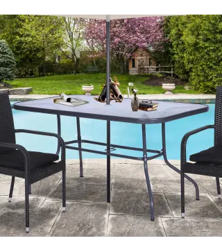 Mesa de Jardín Exterior Rectangular de Metal Bordes Curvos con Orificio para Sombrilla Capacidad 70kg Vidrio Templado 140x80x70