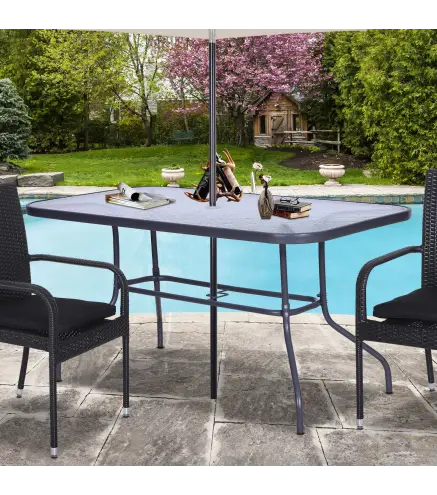 Mesa de Jardín Exterior Rectangular de Metal Bordes Curvos con Orificio para Sombrilla Capacidad 70kg Vidrio Templado 140x80x70