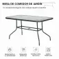 Mesa de Jardín Exterior Rectangular de Metal Bordes Curvos con Orificio para Sombrilla Capacidad 70kg Vidrio Templado 140x80x70