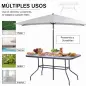Mesa de Jardín Exterior Rectangular de Metal Bordes Curvos con Orificio para Sombrilla Capacidad 70kg Vidrio Templado 140x80x70