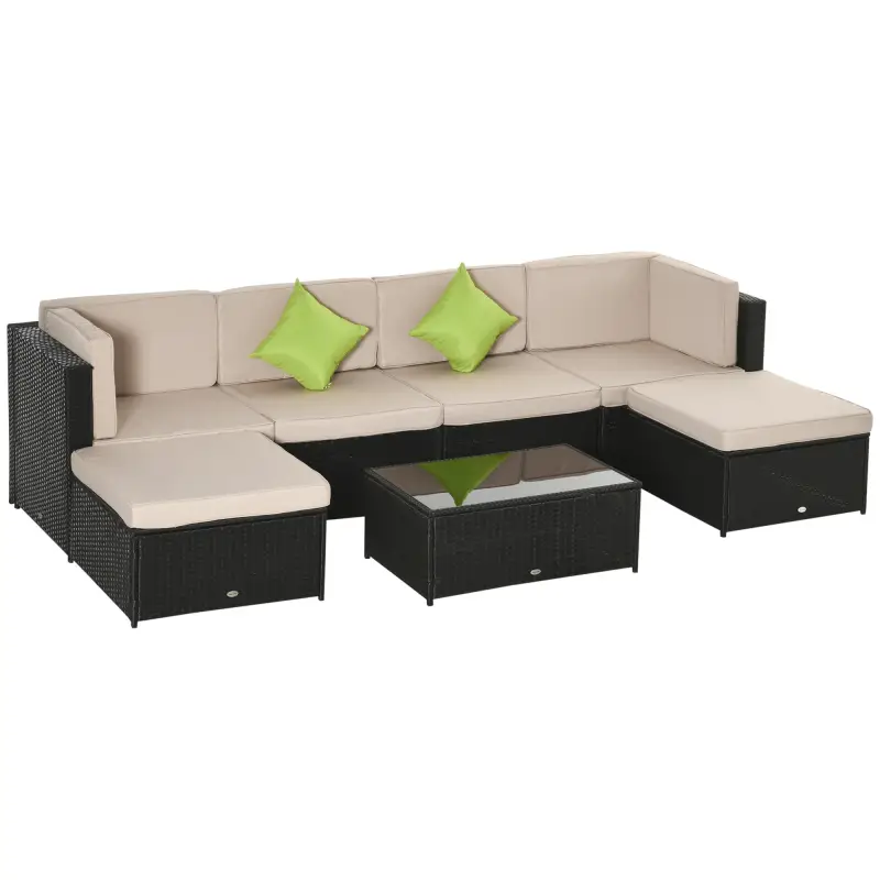 Conjunto Muebles de Jardín de Ratán 7 Piezas Mesa Sofás Taburetes con Cojines Lavables 2xSofá de Esquina 2xSofá 2xTaburete 1xMes