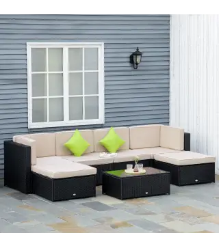 Conjunto Muebles de Jardín de Ratán 7 Piezas Mesa Sofás Taburetes con Cojines Lavables 2xSofá de Esquina 2xSofá 2xTaburete 1xMes