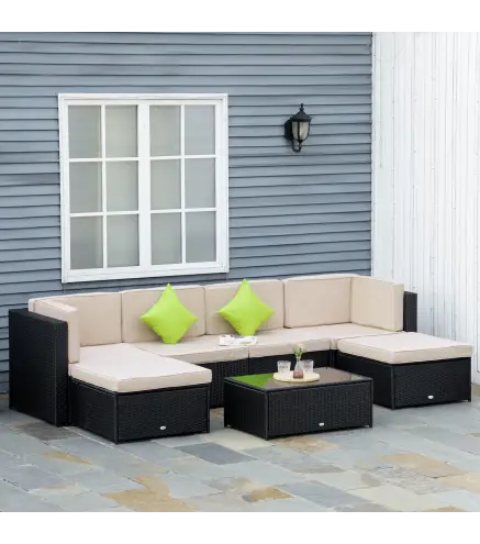 Conjunto Muebles de Jardín de Ratán 7 Piezas Mesa Sofás Taburetes con Cojines Lavables 2xSofá de Esquina 2xSofá 2xTaburete 1xMes