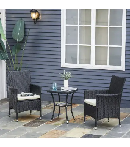 Conjunto de Muebles para Jardín Juegos de Muebles de Ratán Incluye 1 Mesa y 2 Sillones con Cojines Estructura de Metal para Terr