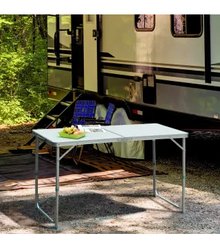 Mesa de Camping Plegable convertible en Maleta Altura Regulable para Picnic 120x60x54-70 cm con Encimera de MDF Marco de Alumini
