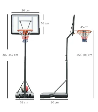 Canasta de Baloncesto con Soporte de Ruedas Aro de Basket Ajustable en Altura con Base Rellenable 90x165x302-352cm Negro