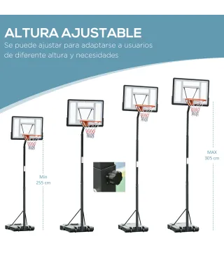 Canasta de Baloncesto con Soporte de Ruedas Aro de Basket Ajustable en Altura con Base Rellenable 90x165x302-352cm Negro