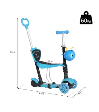 3 en 1 Patinete para Niños de +18 Meses Scooter de 3 Ruedas con Asiento Extraíble Manillar Mango de Empuje Altura Ajustable 62x2
