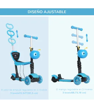 3 en 1 Patinete para Niños de +18 Meses Scooter de 3 Ruedas con Asiento Extraíble Manillar Mango de Empuje Altura Ajustable 62x2