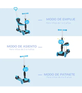 3 en 1 Patinete para Niños de +18 Meses Scooter de 3 Ruedas con Asiento Extraíble Manillar Mango de Empuje Altura Ajustable 62x2