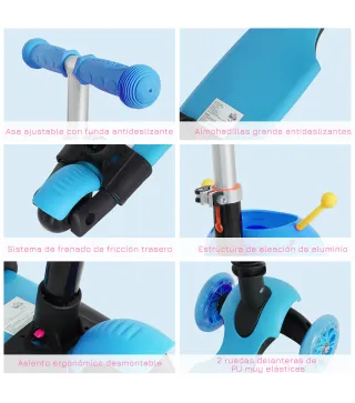 3 en 1 Patinete para Niños de +18 Meses Scooter de 3 Ruedas con Asiento Extraíble Manillar Mango de Empuje Altura Ajustable 62x2