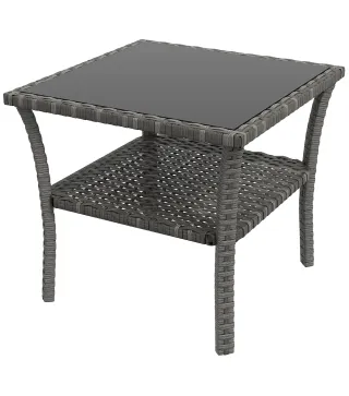 Mesa de Jardín de Ratán PE Cuadrada 50x50x45 cm con Estante Encimera de Cristal y Marco de Acero Carga 30 kg Gris