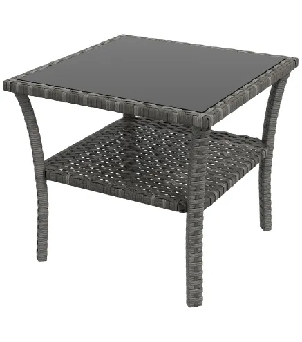 Mesa de Jardín de Ratán PE Cuadrada 50x50x45 cm con Estante Encimera de Cristal y Marco de Acero Carga 30 kg Gris