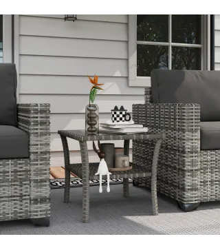 Mesa de Jardín de Ratán PE Cuadrada 50x50x45 cm con Estante Encimera de Cristal y Marco de Acero Carga 30 kg Gris