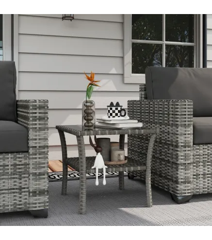 Mesa de Jardín de Ratán PE Cuadrada 50x50x45 cm con Estante Encimera de Cristal y Marco de Acero Carga 30 kg Gris