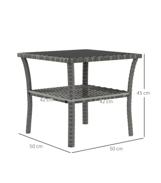 Mesa de Jardín de Ratán PE Cuadrada 50x50x45 cm con Estante Encimera de Cristal y Marco de Acero Carga 30 kg Gris