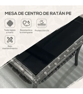 Mesa de Jardín de Ratán PE Cuadrada 50x50x45 cm con Estante Encimera de Cristal y Marco de Acero Carga 30 kg Gris