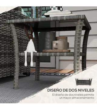 Mesa de Jardín de Ratán PE Cuadrada 50x50x45 cm con Estante Encimera de Cristal y Marco de Acero Carga 30 kg Gris