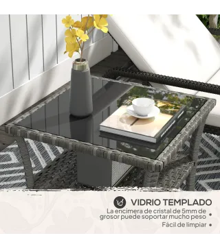 Mesa de Jardín de Ratán PE Cuadrada 50x50x45 cm con Estante Encimera de Cristal y Marco de Acero Carga 30 kg Gris