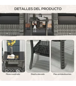 Mesa de Jardín de Ratán PE Cuadrada 50x50x45 cm con Estante Encimera de Cristal y Marco de Acero Carga 30 kg Gris