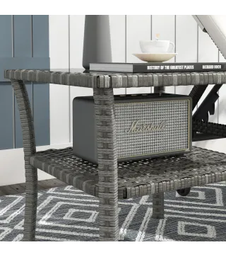 Mesa de Jardín de Ratán PE Cuadrada 50x50x45 cm con Estante Encimera de Cristal y Marco de Acero Carga 30 kg Gris