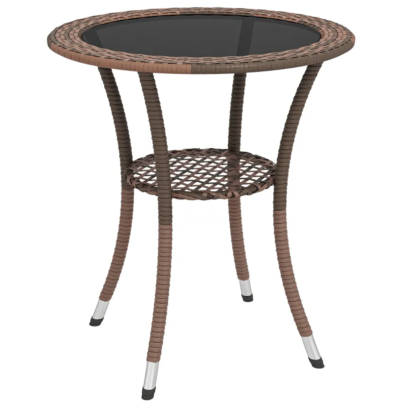 Mesa de Jardín Redonda Ø64x71 cm con Estante Marco de Acero y Encimera de Cristal Carga 50 kg para Terraza Patio Marrón