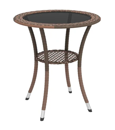 Mesa de Jardín Redonda Ø64x71 cm con Estante Marco de Acero y Encimera de Cristal Carga 50 kg para Terraza Patio Marrón