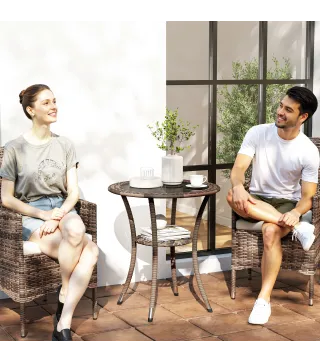 Mesa de Jardín Redonda Ø64x71 cm con Estante Marco de Acero y Encimera de Cristal Carga 50 kg para Terraza Patio Marrón