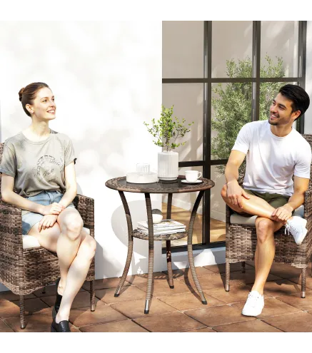 Mesa de Jardín Redonda Ø64x71 cm con Estante Marco de Acero y Encimera de Cristal Carga 50 kg para Terraza Patio Marrón