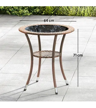 Mesa de Jardín Redonda Ø64x71 cm con Estante Marco de Acero y Encimera de Cristal Carga 50 kg para Terraza Patio Marrón