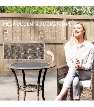 Mesa de Jardín Redonda Ø64x71 cm con Estante Marco de Acero y Encimera de Cristal Carga 50 kg para Terraza Patio Marrón